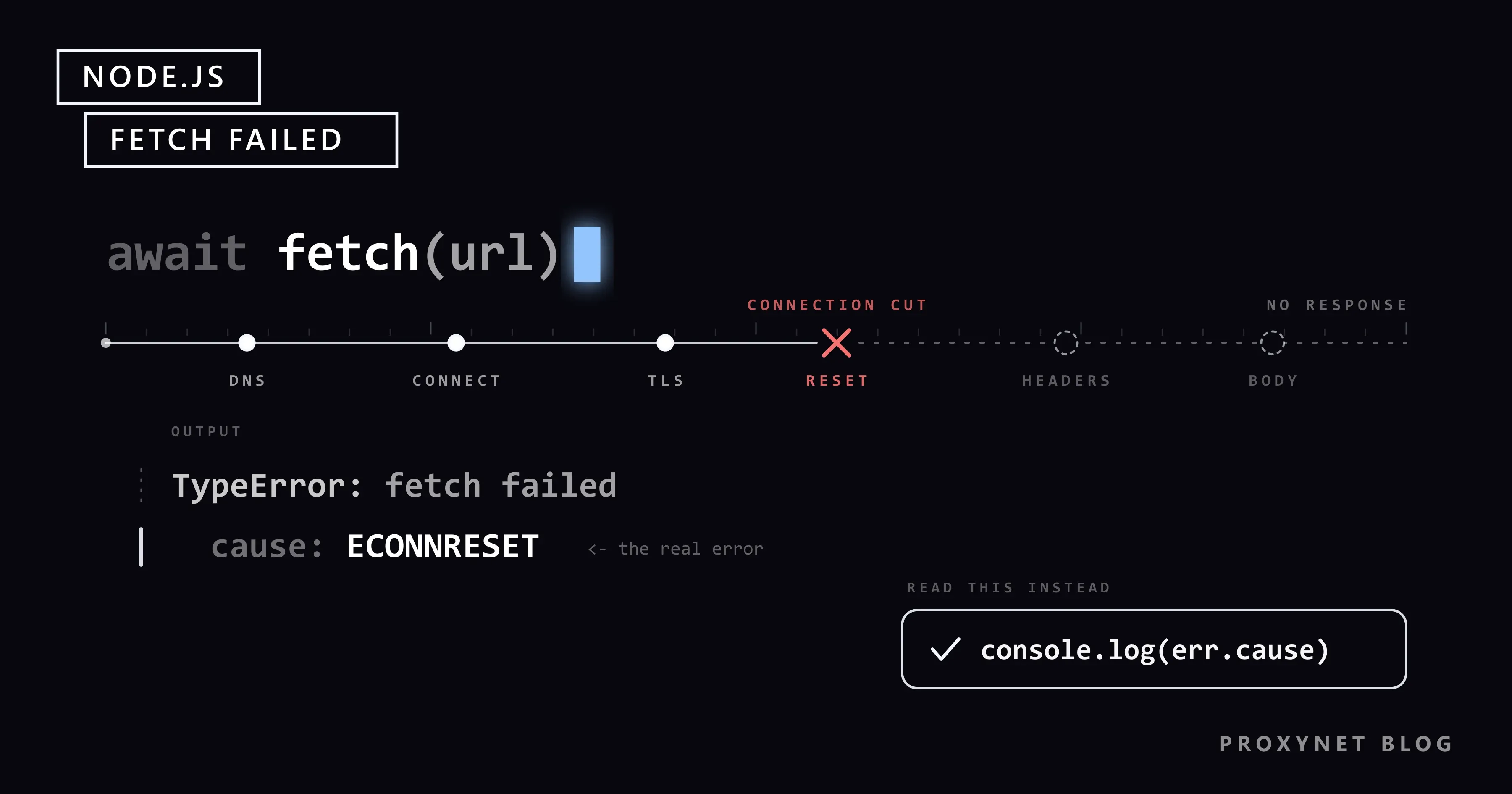 await fetch(url) with a blue cursor; the trace breaks at a red RESET after TLS, and the output shows cause: ECONNRESET.