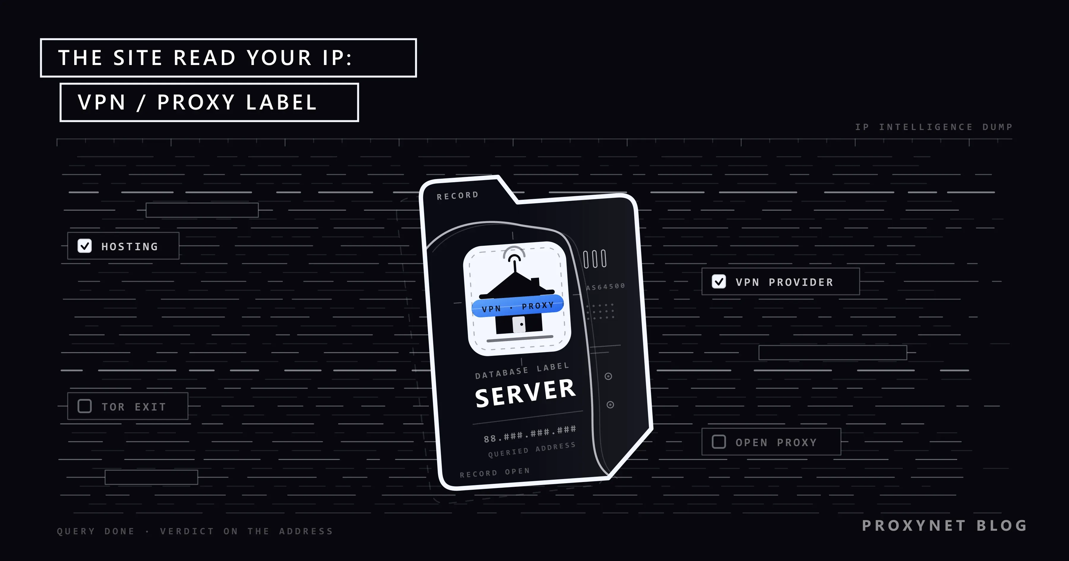A blue VPN · PROXY band stamped over the house icon on a record card, the database label under it reading SERVER