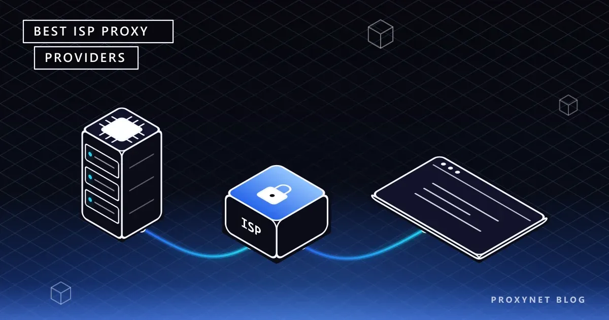 An isometric scene where a cable leaves a server rack for a locked static IP cube marked ISP and goes on to a browser window