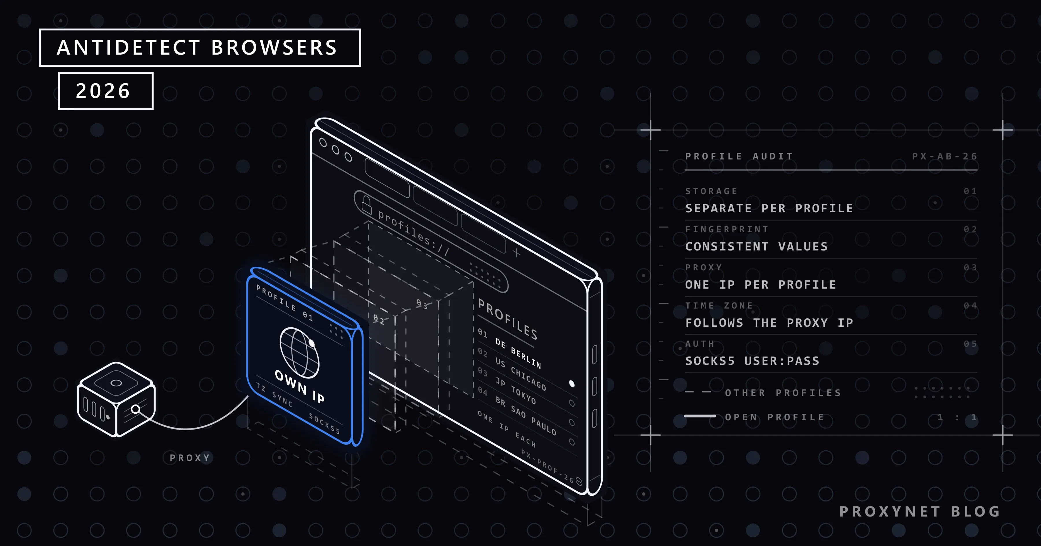 Isometrisches Browserfenster mit vier Profilen, davor eine blaue Profilkarte, Geisterkopien und ein verkabelter Proxy-Knoten