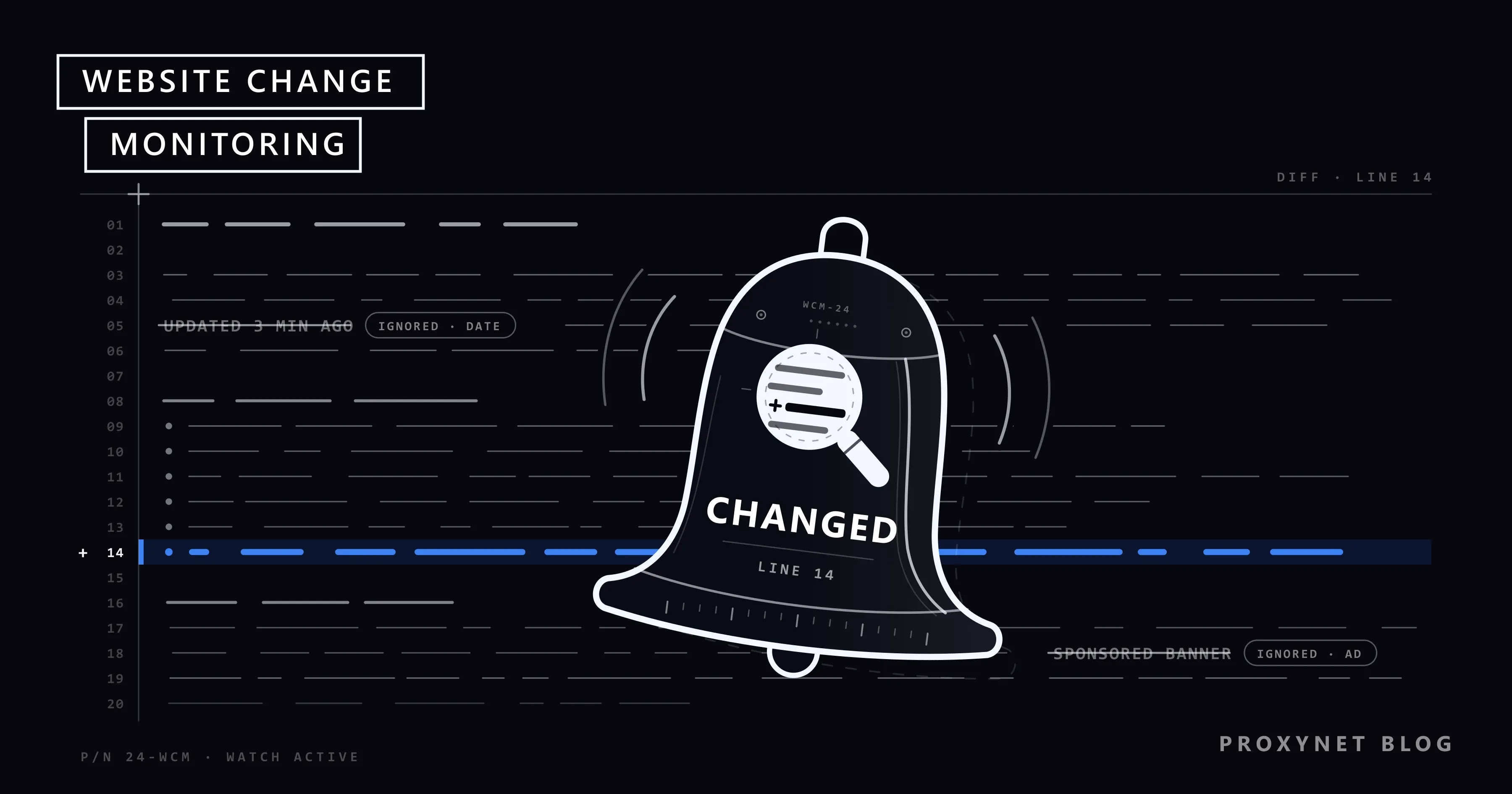 A ringing bell with a magnifier over numbered page lines; date and ad lines are struck out, only the changed line glows blue.