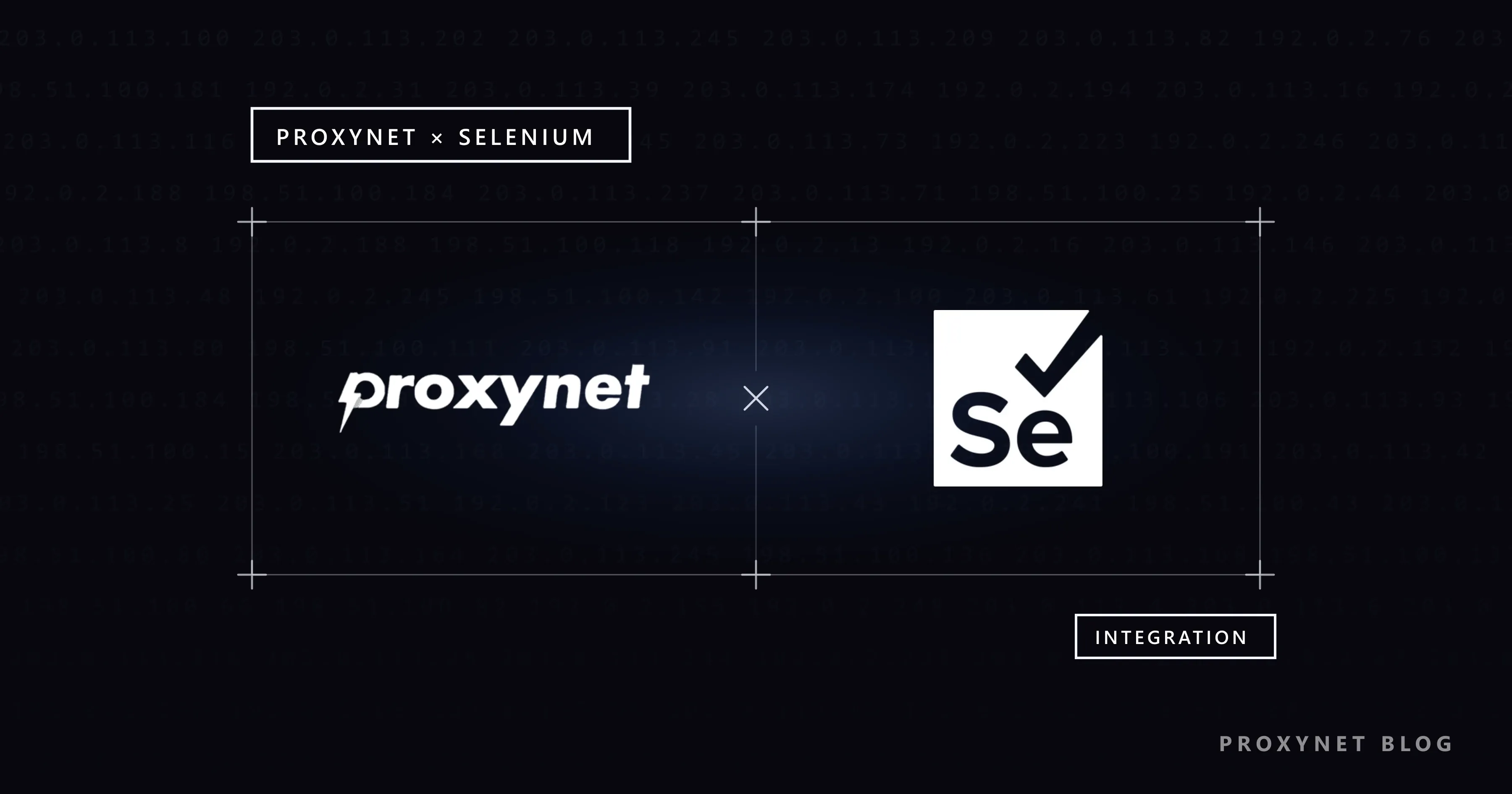 Very faint IP rows, a plus-cornered frame with the Proxynet wordmark, an x and the Selenium logo, tagged INTEGRATION
