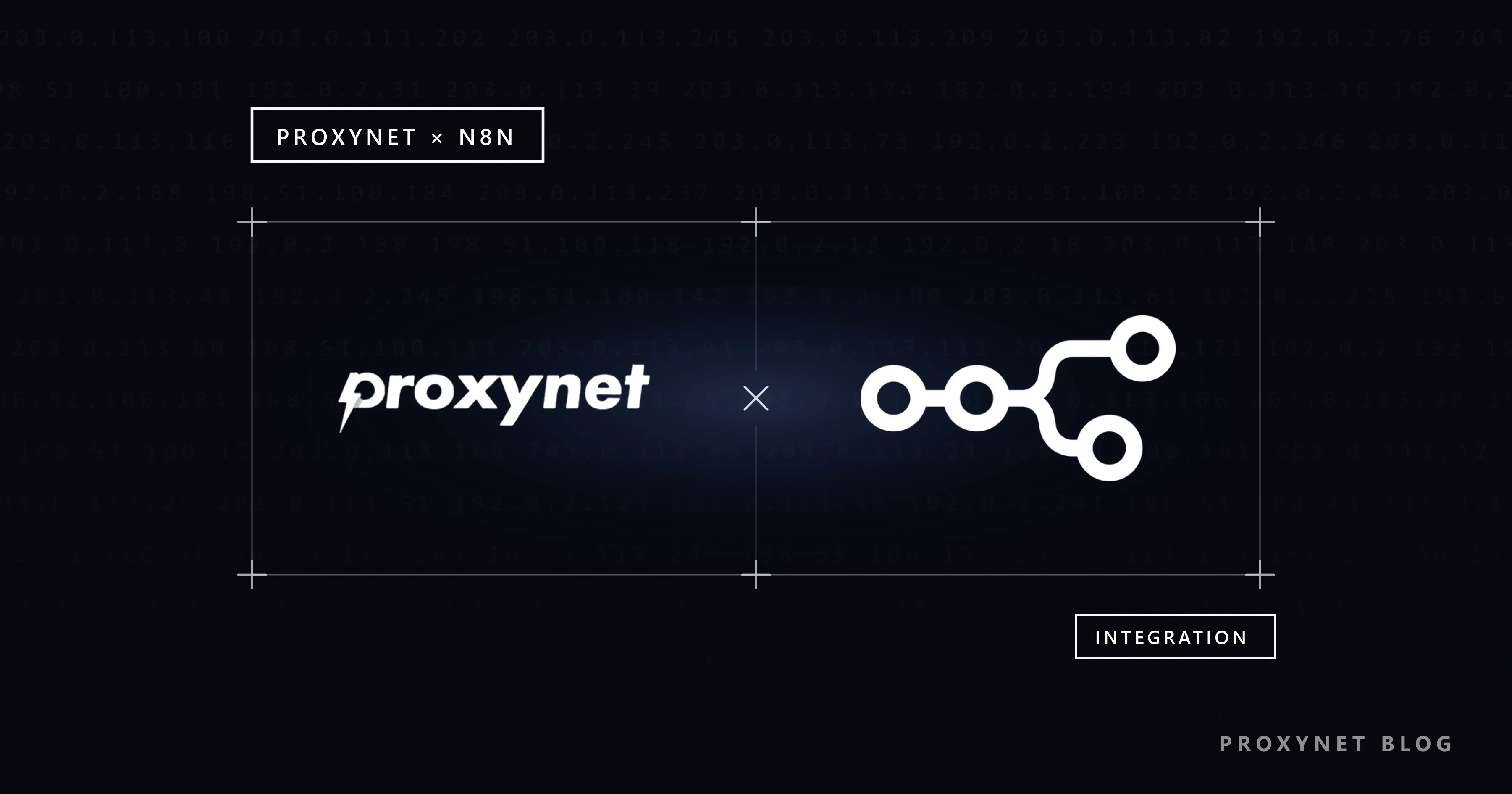 زمینه سیاه با سطرهای محو IP؛ در قابی گوشهبهعلاوه: چپ Proxynet، راست n8n، ضربدری میانشان و برچسب INTEGRATION