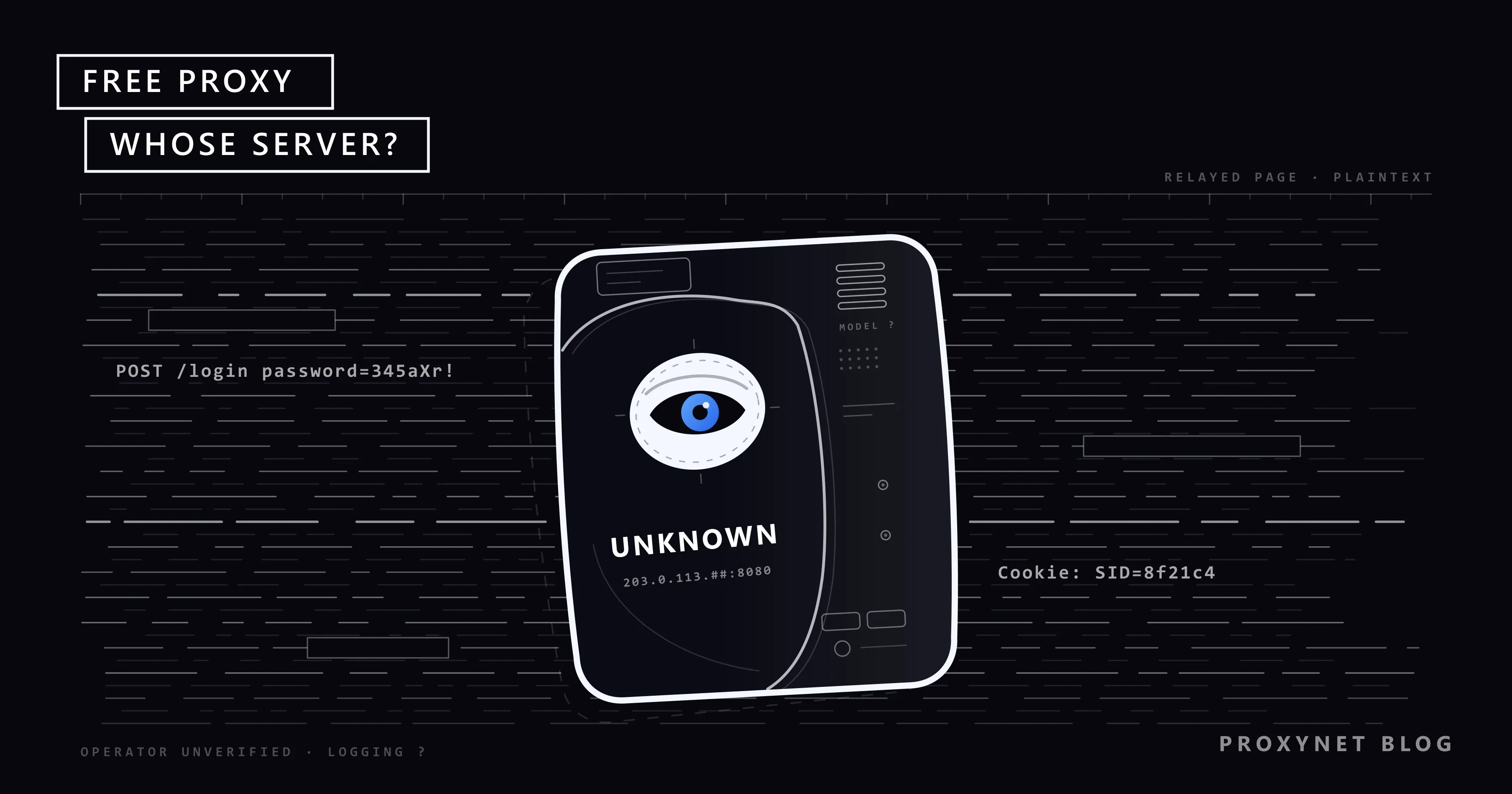 Namenloser Server-Kasten zwischen geschwärzten Dokumentzeilen, ein blaues Auge in der Linse, daneben lesbare Passwörter