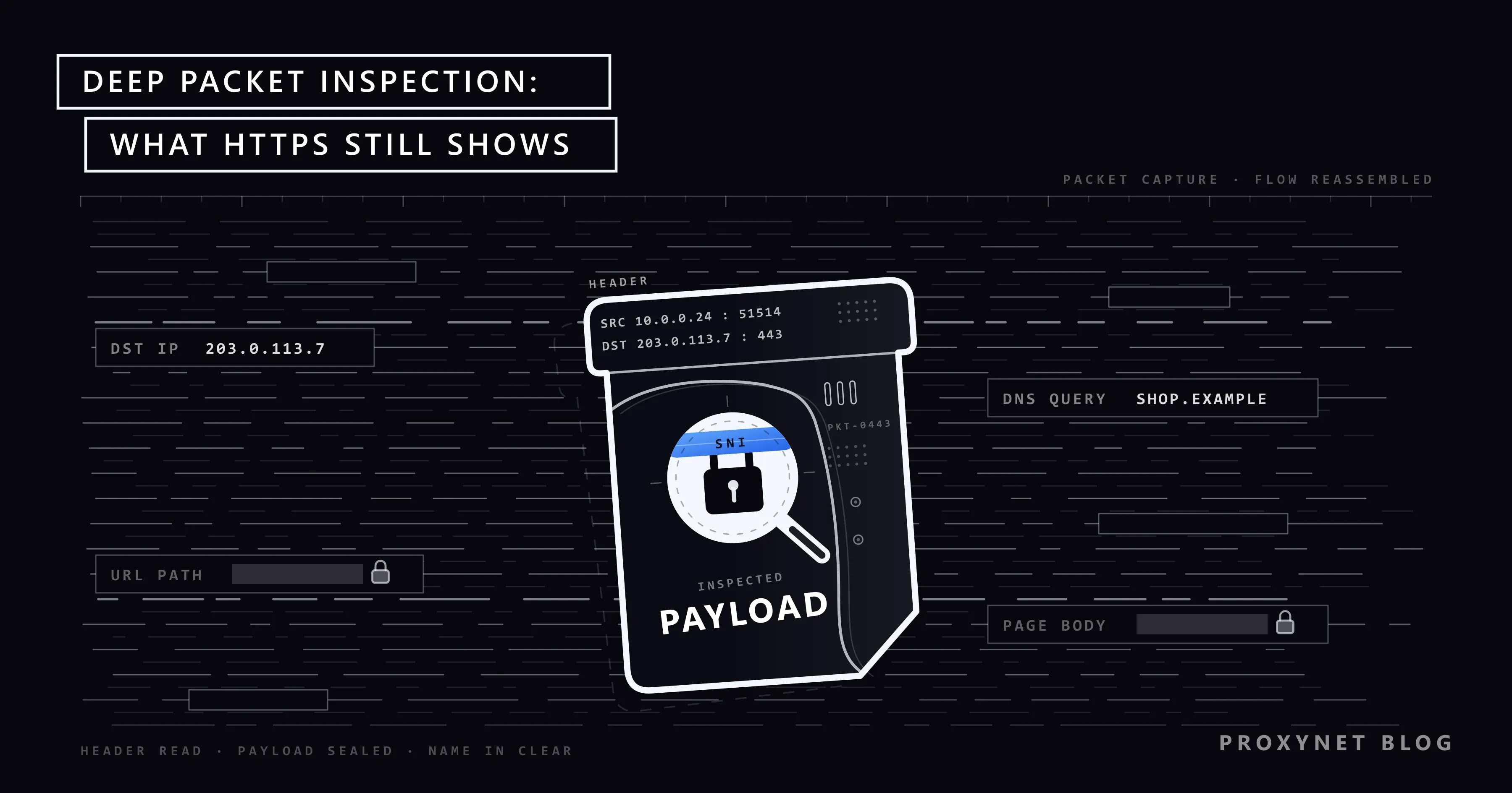 A packet shape on redacted text lines: its header shows IP addresses, a magnifier over a padlock carries a blue SNI band