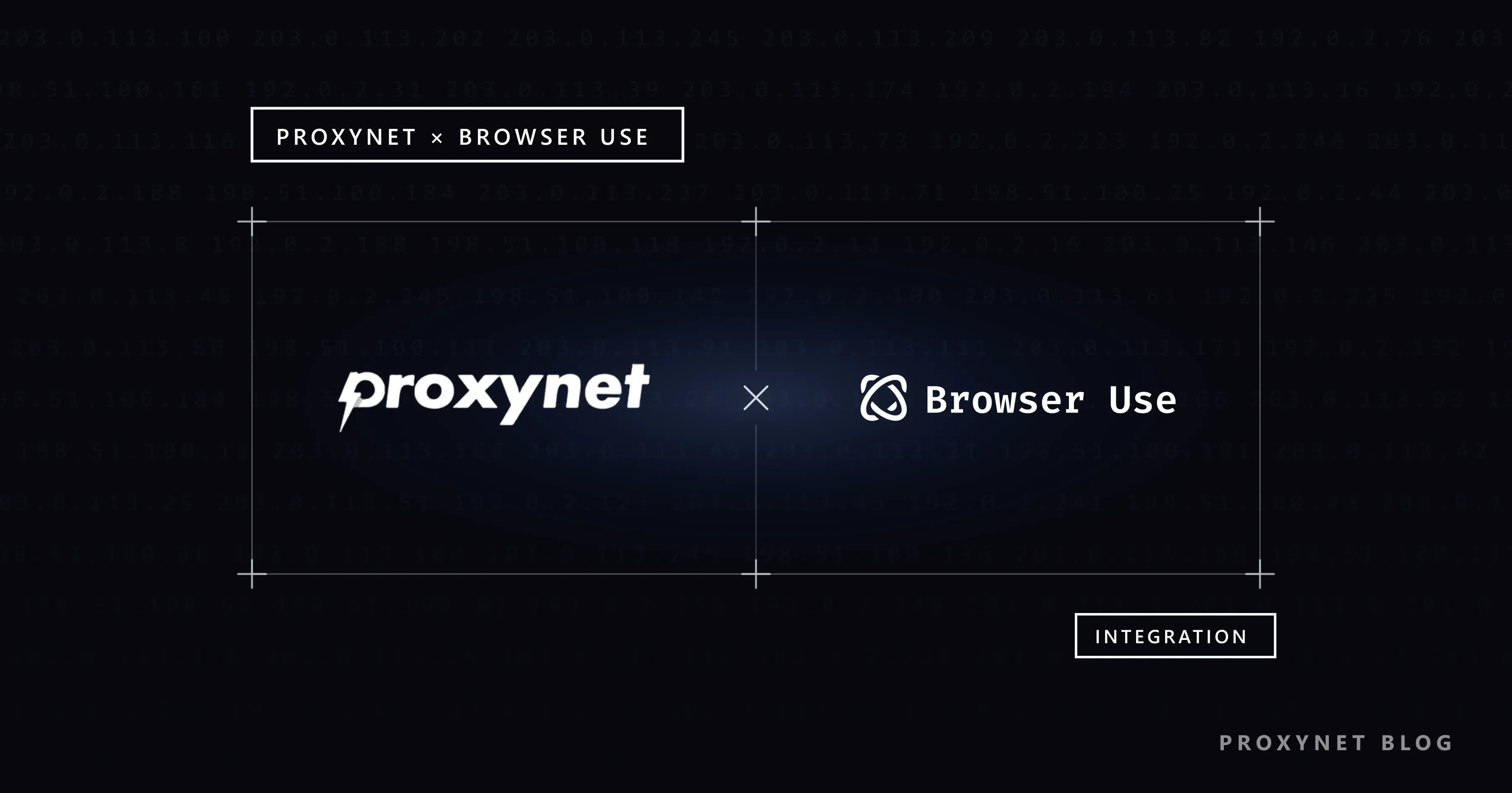 Faint IP rows behind a plus-cornered frame with the Proxynet wordmark, a thin x and the Browser Use logo, tagged INTEGRATION