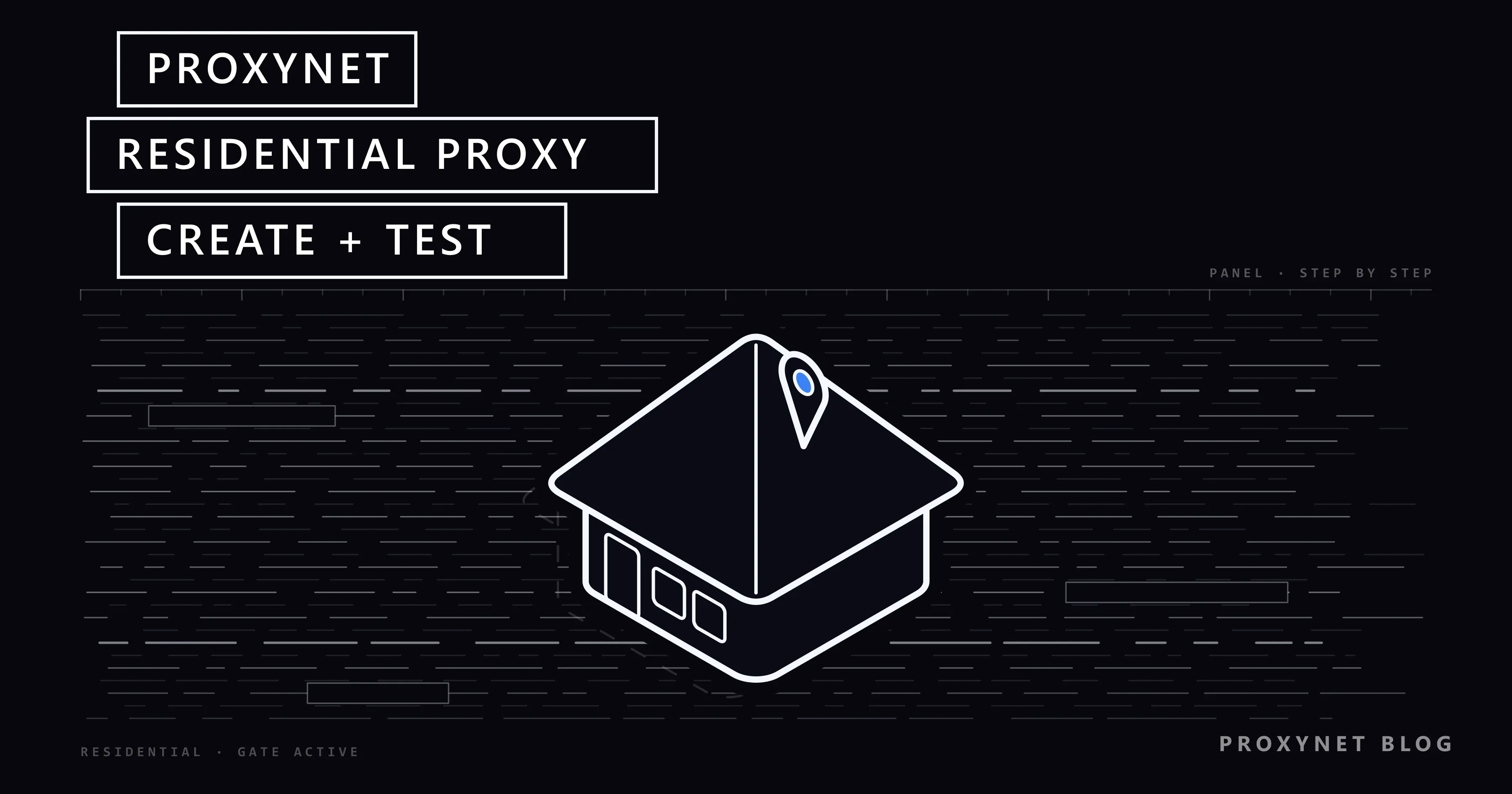 A house icon with a location pin amid redacted document lines; boxes read Proxynet, Residential Proxy, Create + Test