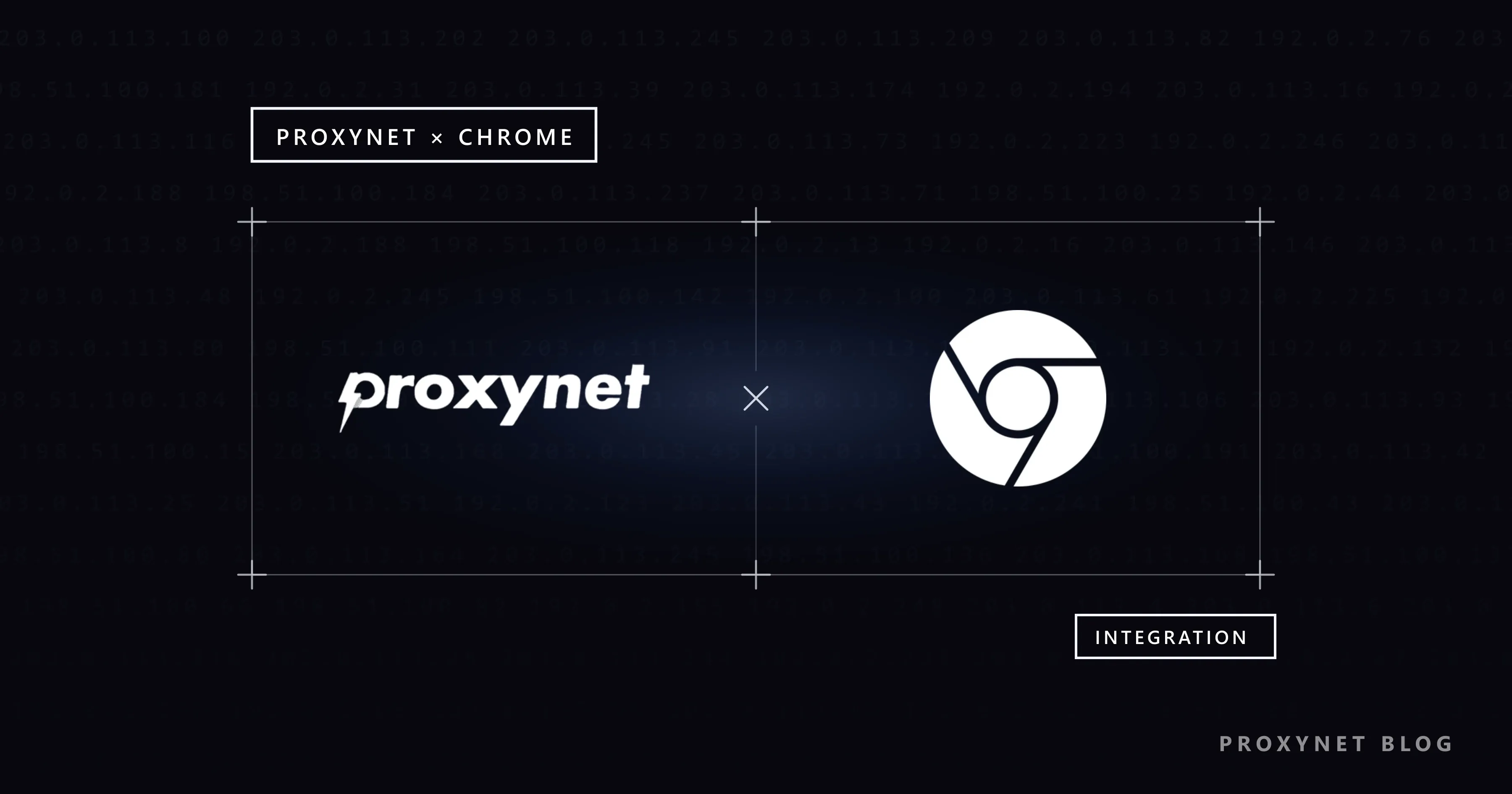 Blasse IP-Zeilen, Rahmen mit Eckkreuzen: links das Proxynet-Logo, rechts Chrome, dazwischen ein Kreuz, unten INTEGRATION
