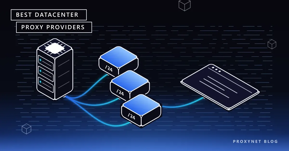 Isometric scene where cables from a server rack run to three separate IP blocks and on to a browser window