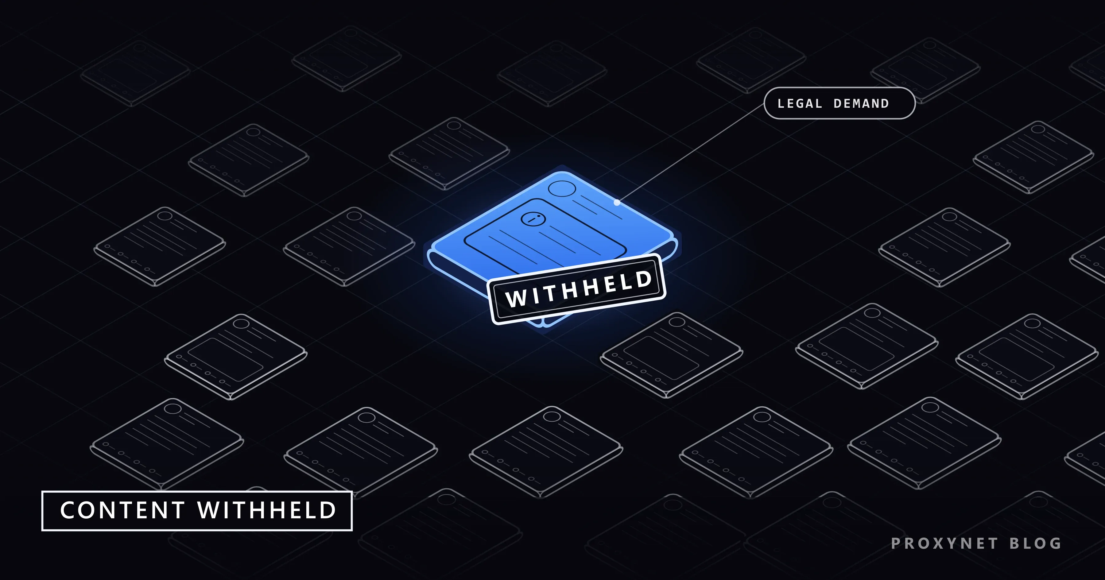 A field of identical post tiles fading into depth, with one blue tile stamped WITHHELD in the middle
