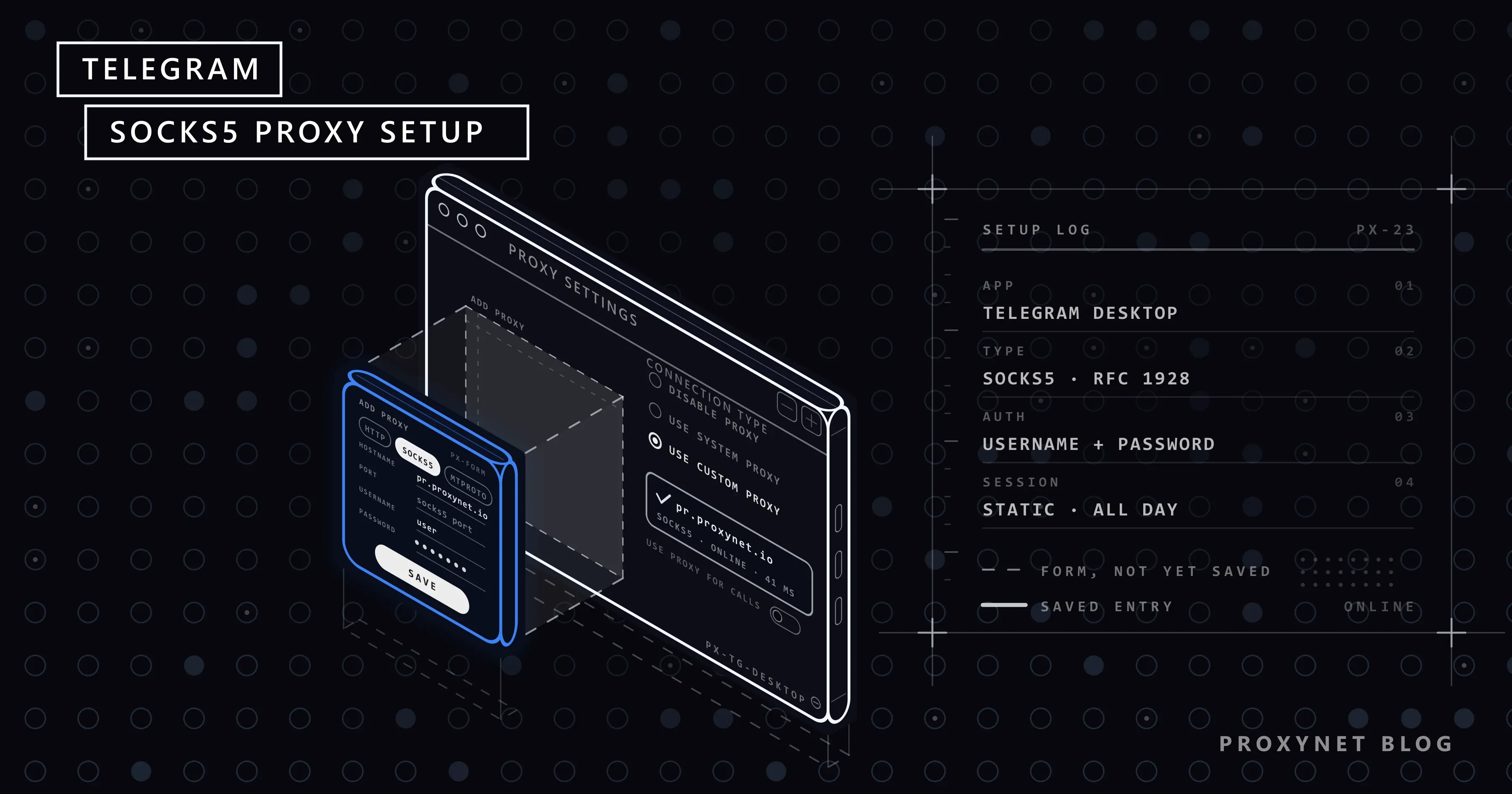 A standing Telegram Desktop settings window, a blue SOCKS5 proxy form card in front of it, a readout column on the right