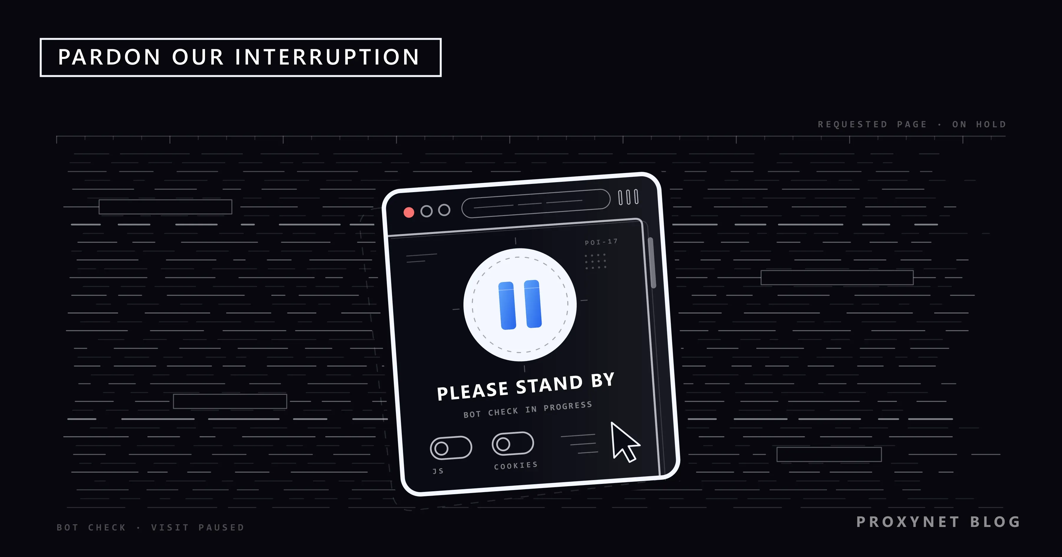 A tilted browser window shows a white pause button with blue bars and two switched-off toggles over rows of dimmed text
