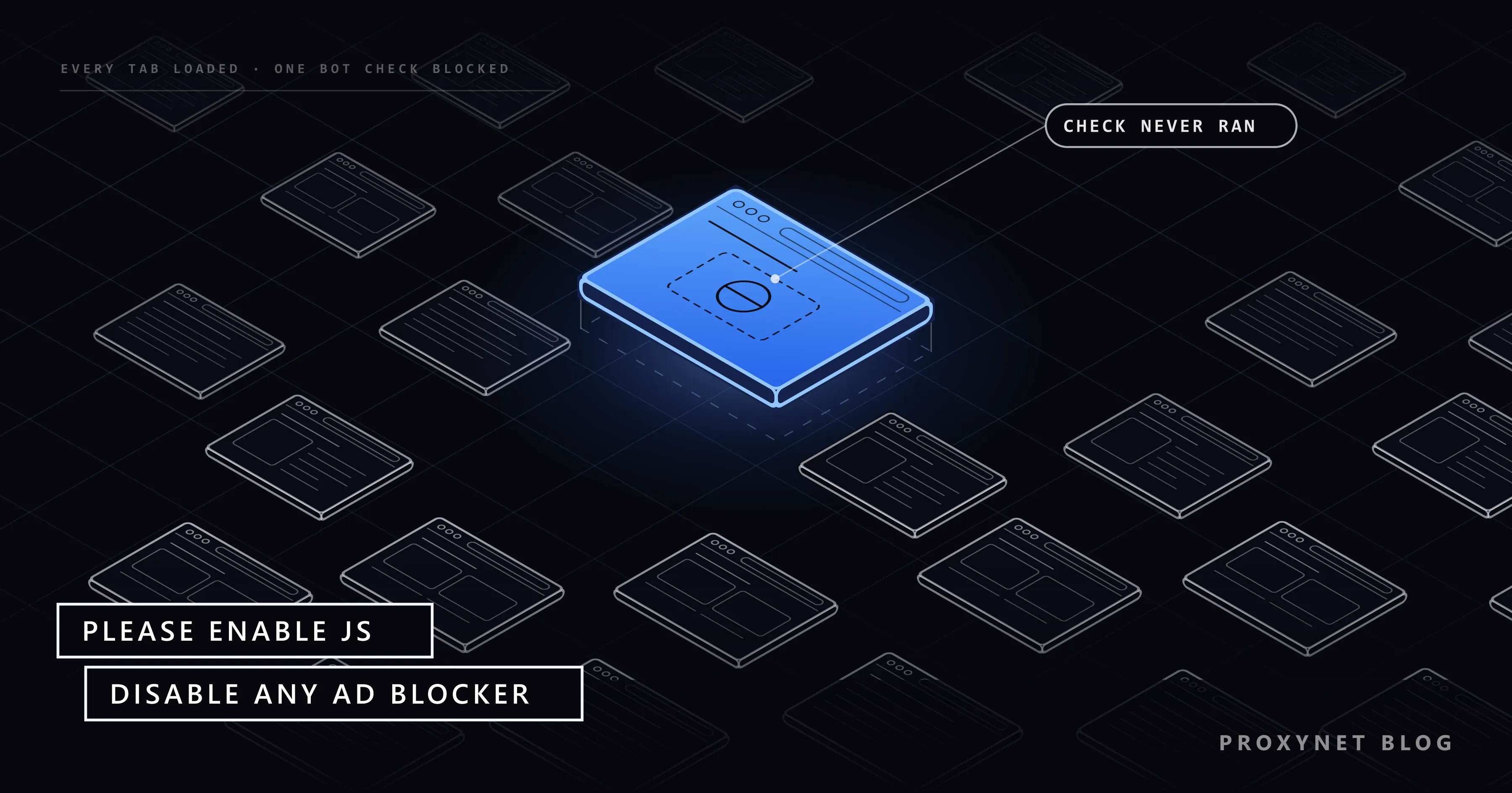 Rows of browser windows fade into the dark; a raised blue window shows one line of text and a blocked script slot
