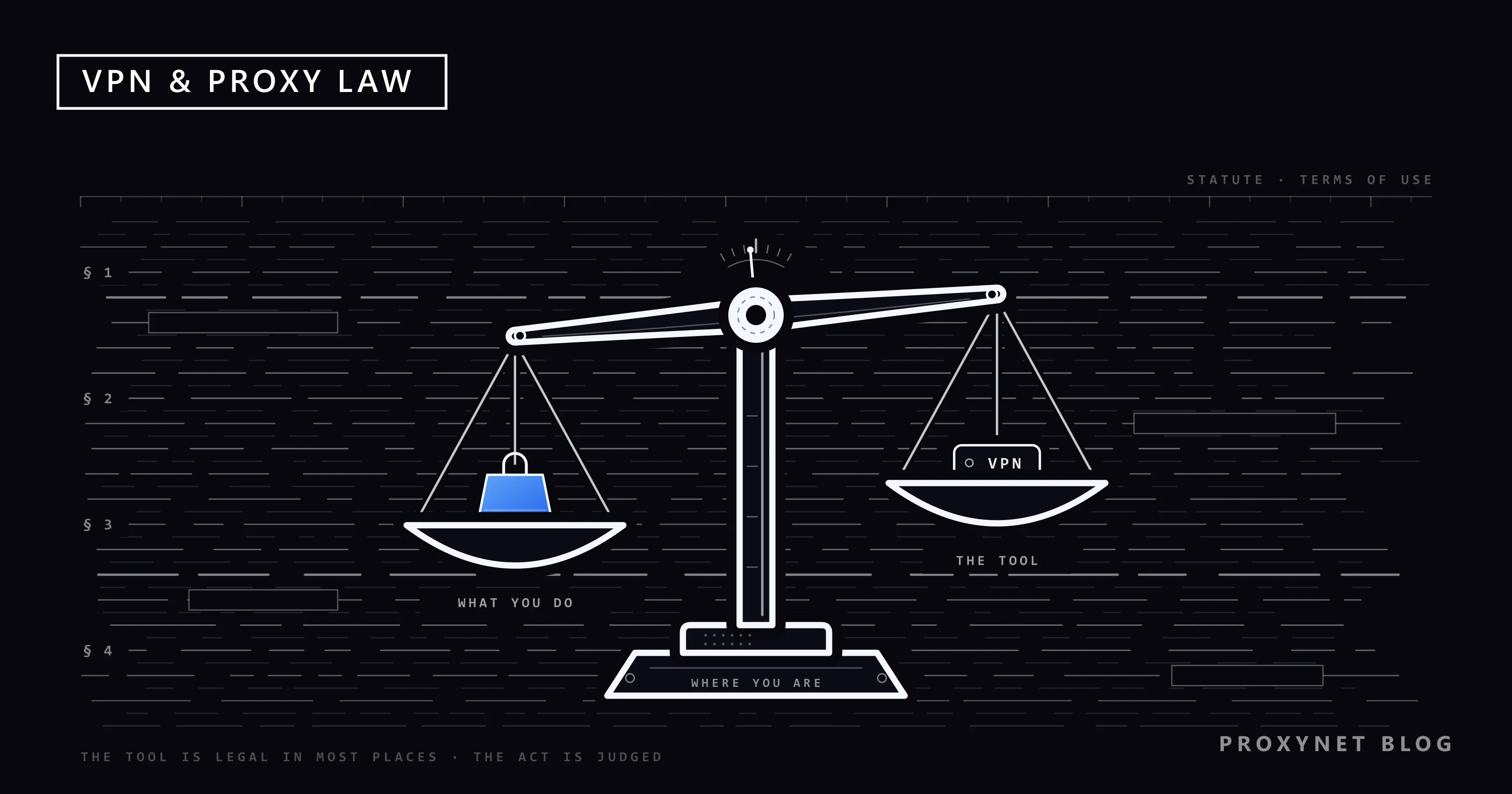 A heavy outlined balance scale on a page of redacted statute lines, a small blue weight resting in one pan