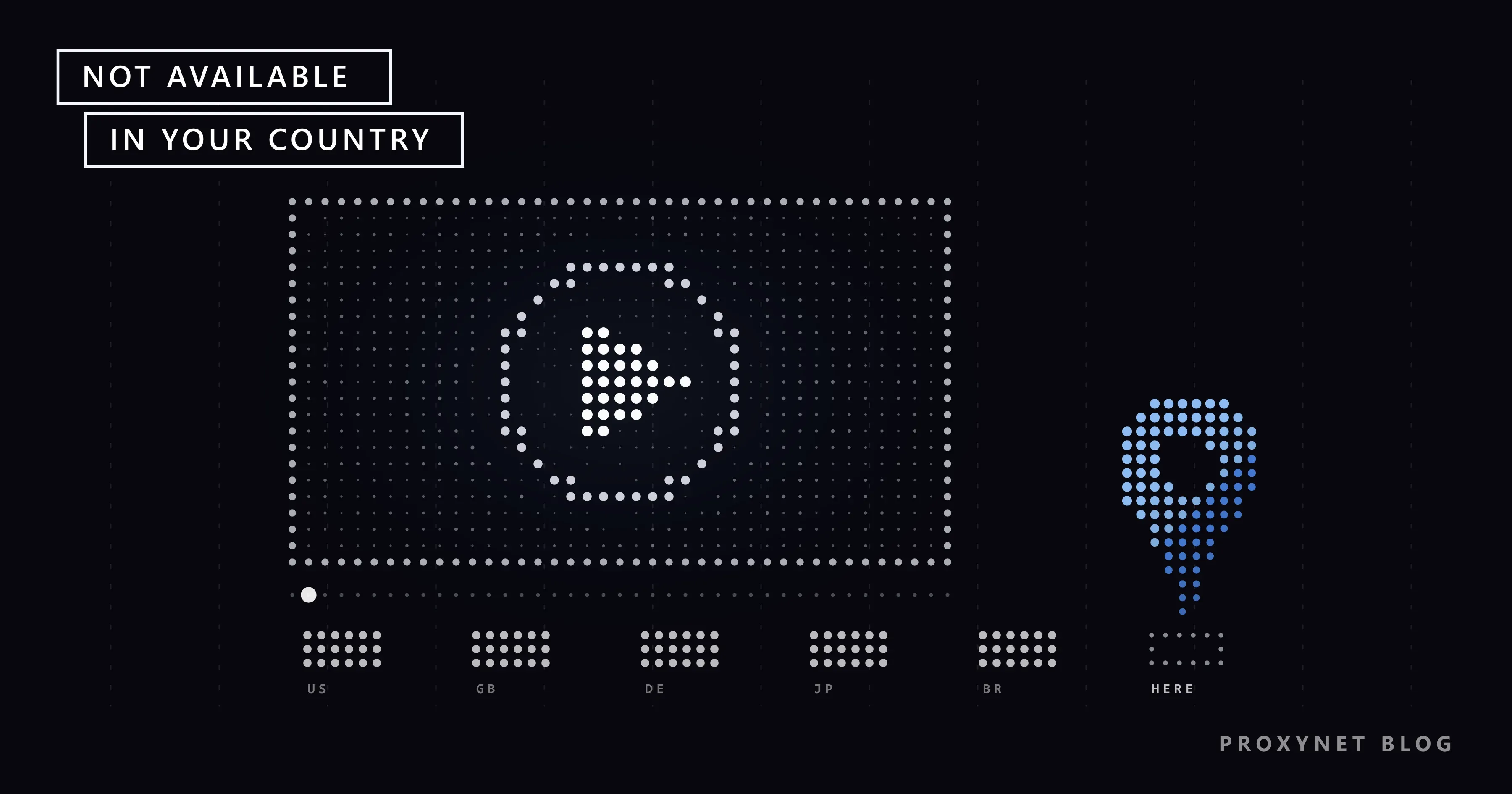 A play button and video screen drawn only from halftone dots, with one blue cluster of dots marking the viewer's location