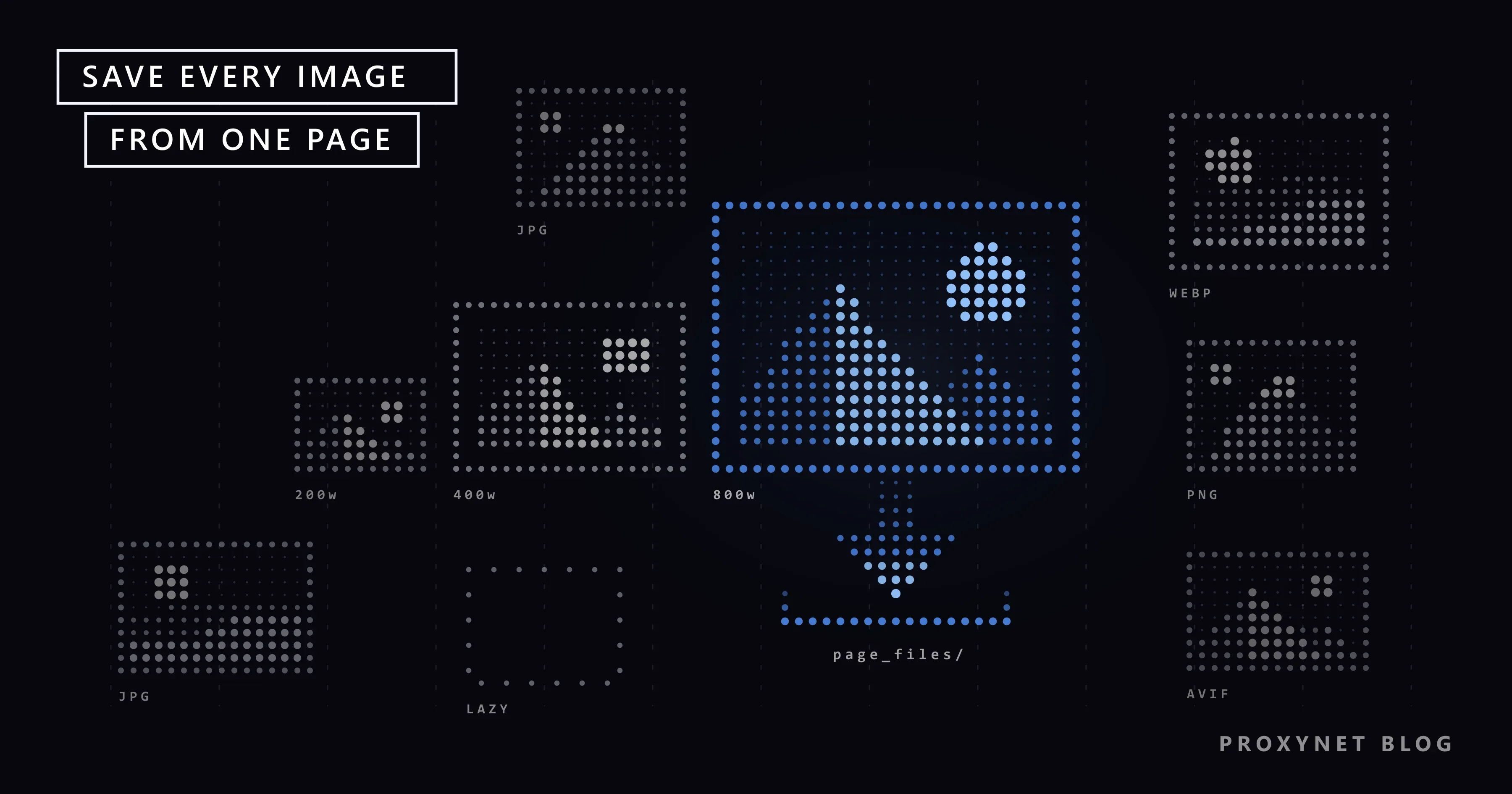 Picture frames drawn in white dots, scattered across the canvas; one is made of blue dots with a downward download arrow.