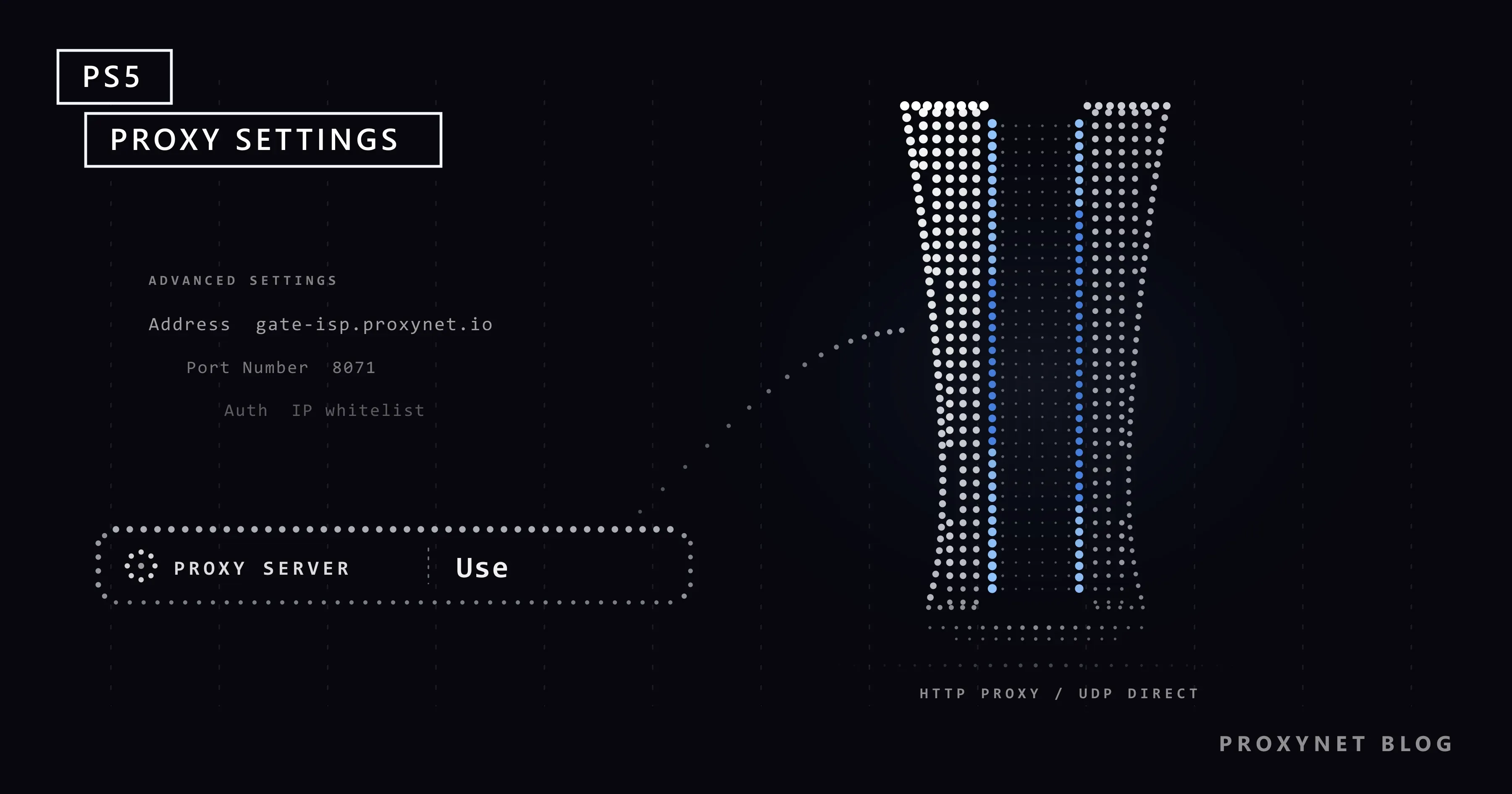 A console drawn only in dots with a blue light strip down its core; on the left a dotted settings bar reads PROXY SERVER Use