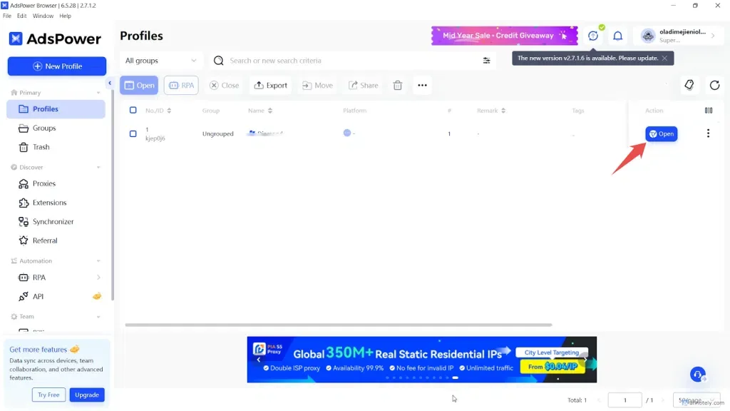Un perfil de navegador abierto en AdsPower
