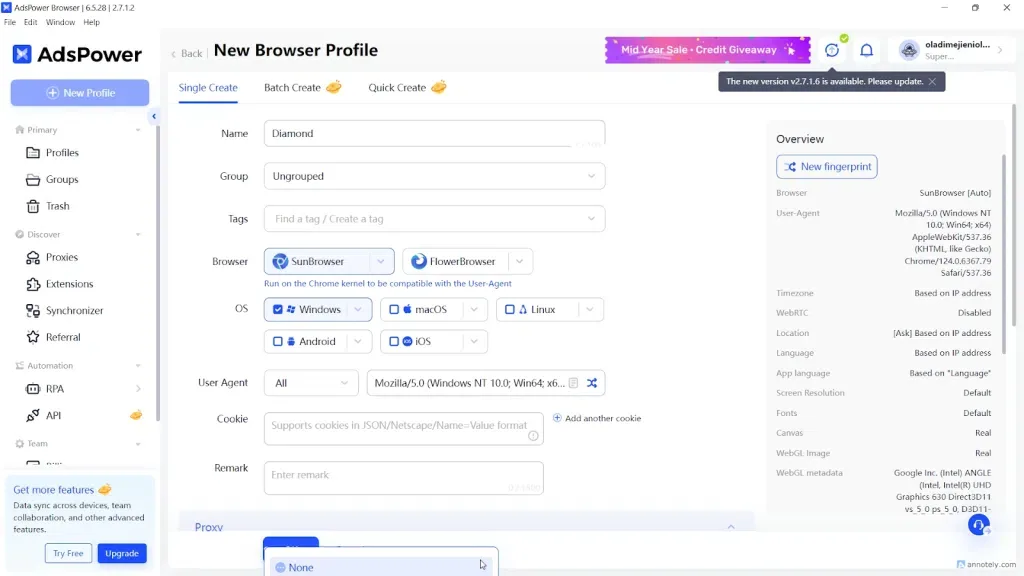 Ajustes de proxy en un perfil de AdsPower