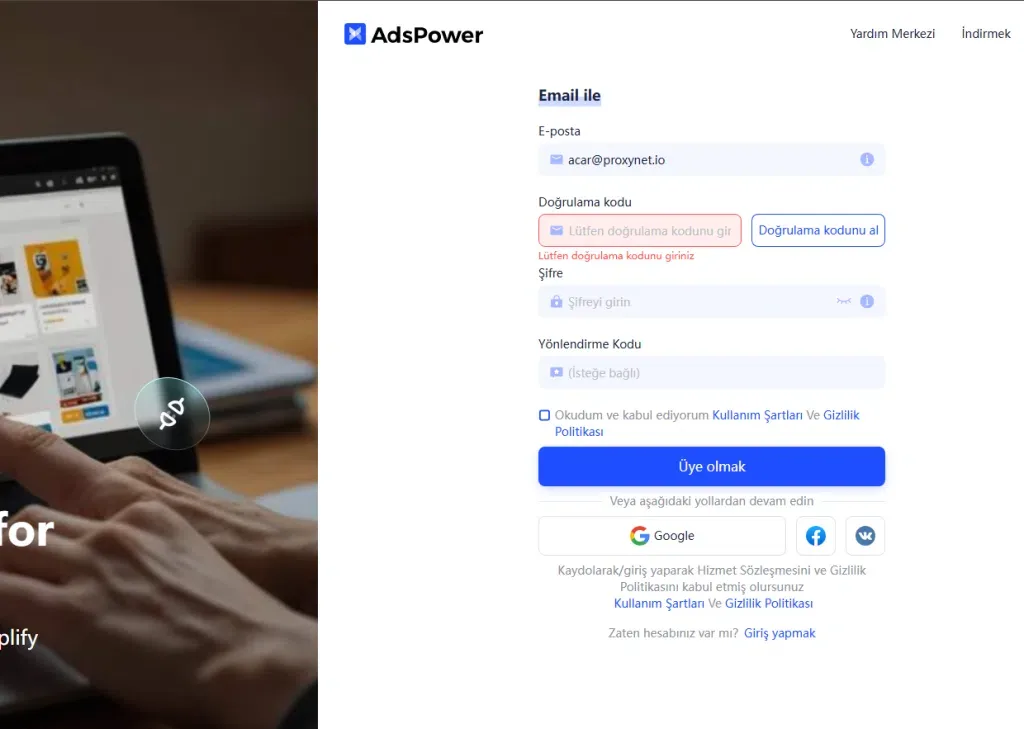 Formulario de registro de AdsPower