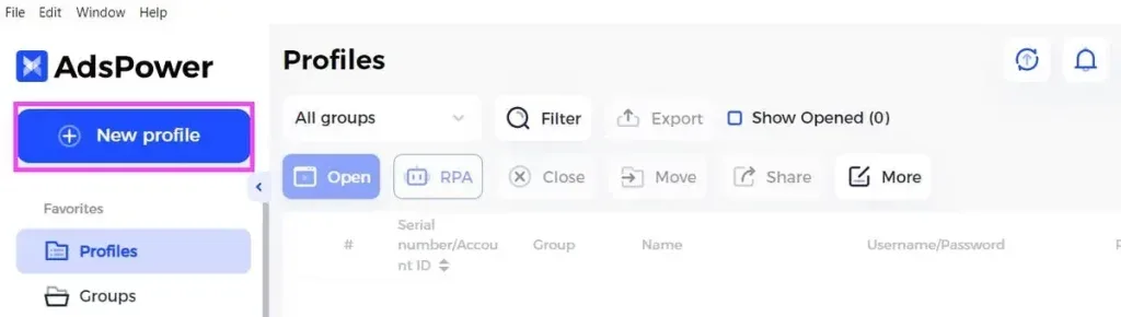 Pestaña «Create Profile» en AdsPower