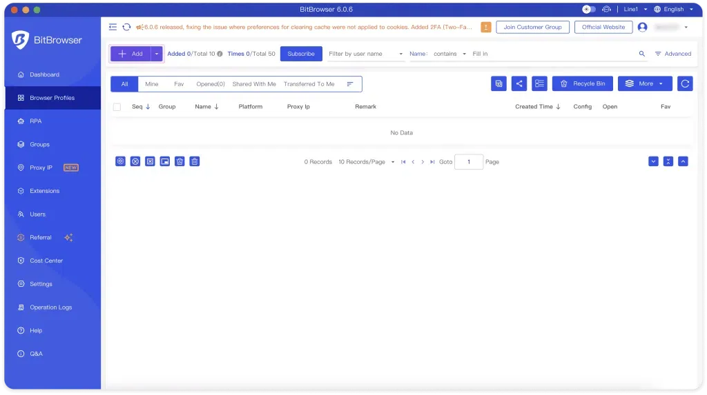پنجره ساخت پروفایل تازه در BitBrowser