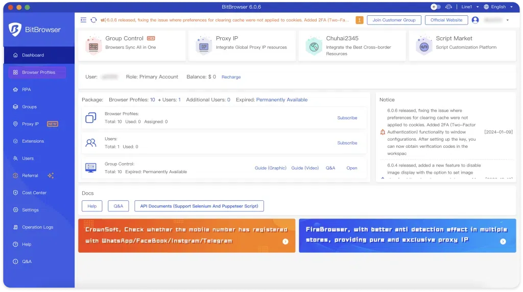 صفحه آغازین BitBrowser و زبانه Browser Profiles