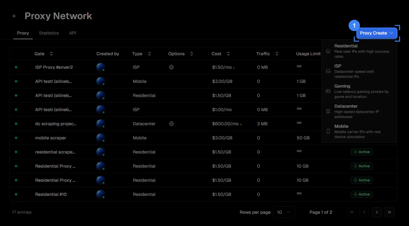 The Proxy tab of the panel, with the Proxy Create button highlighted in the top right