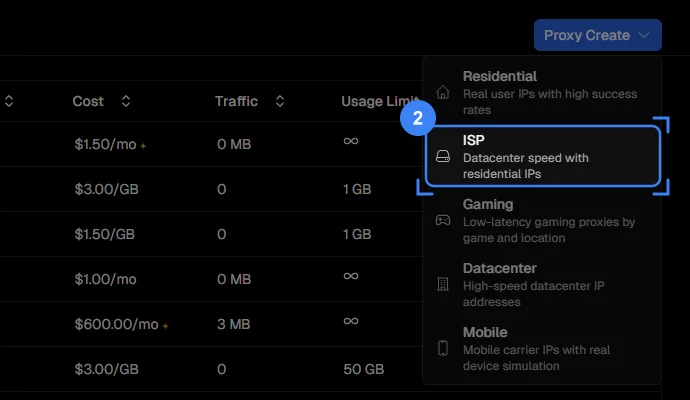 The Proxy Create menu open, with the ISP option highlighted