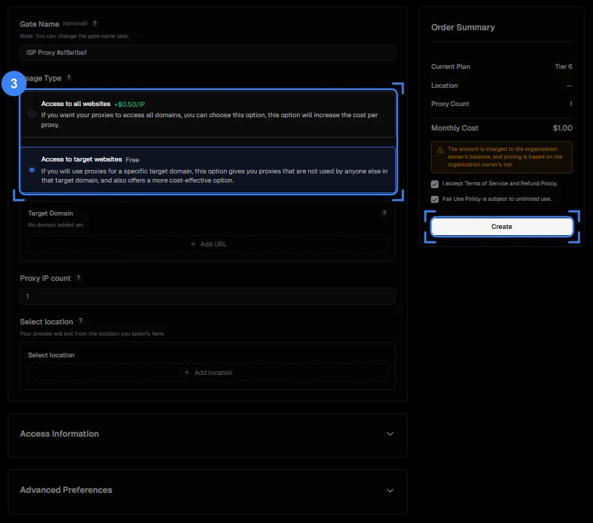 The ISP tab of the Create Gate page, with the Usage Type options and the Create button highlighted