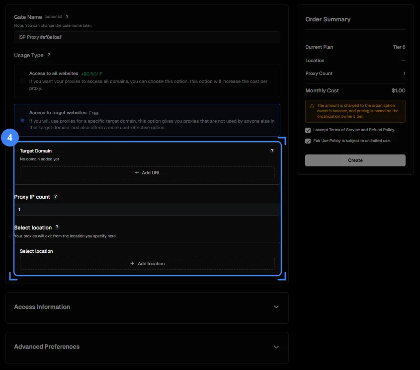The Create Gate page, with the Target Domain, Proxy IP count and Select location sections highlighted