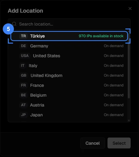 The Add Location window, with the Türkiye row showing IPs in stock highlighted