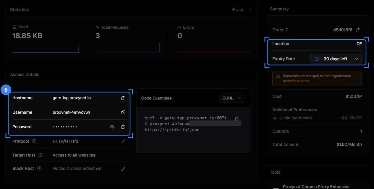 The Access Details tab, with the hostname, username and password rows and the location and term on the Summary card highlighted