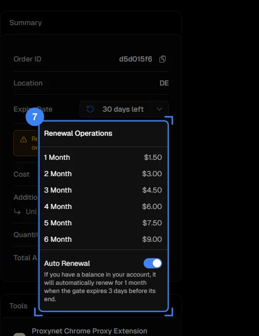 The Renewal Operations menu open, with the renewal periods and the Auto Renewal switch highlighted