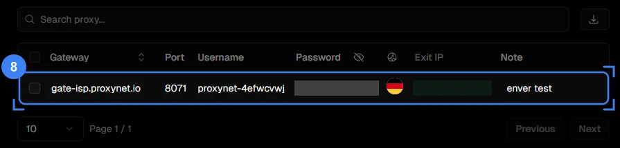 The Proxy List tab, with the gateway, port, username and exit IP row highlighted, password and IP masked