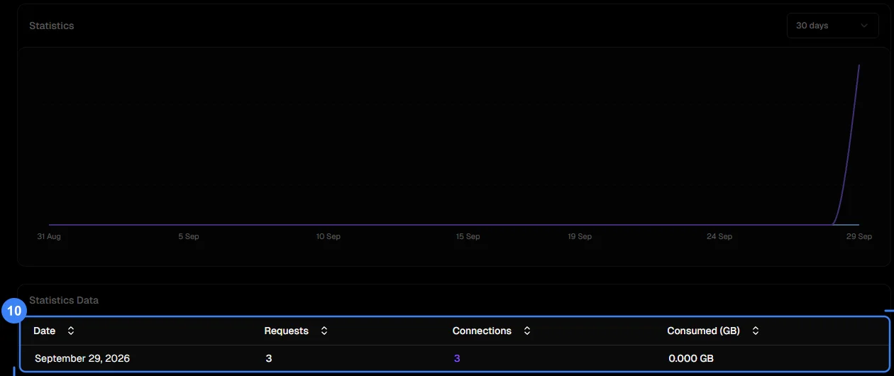 The Statistics tab, with the daily table of requests, connections and usage highlighted