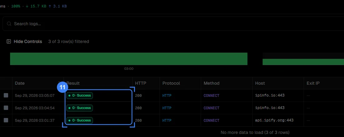 The Logs tab, with successful connections highlighted in the Result column