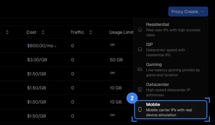 Menu Proxy Create aberto, com a opção Mobile destacada