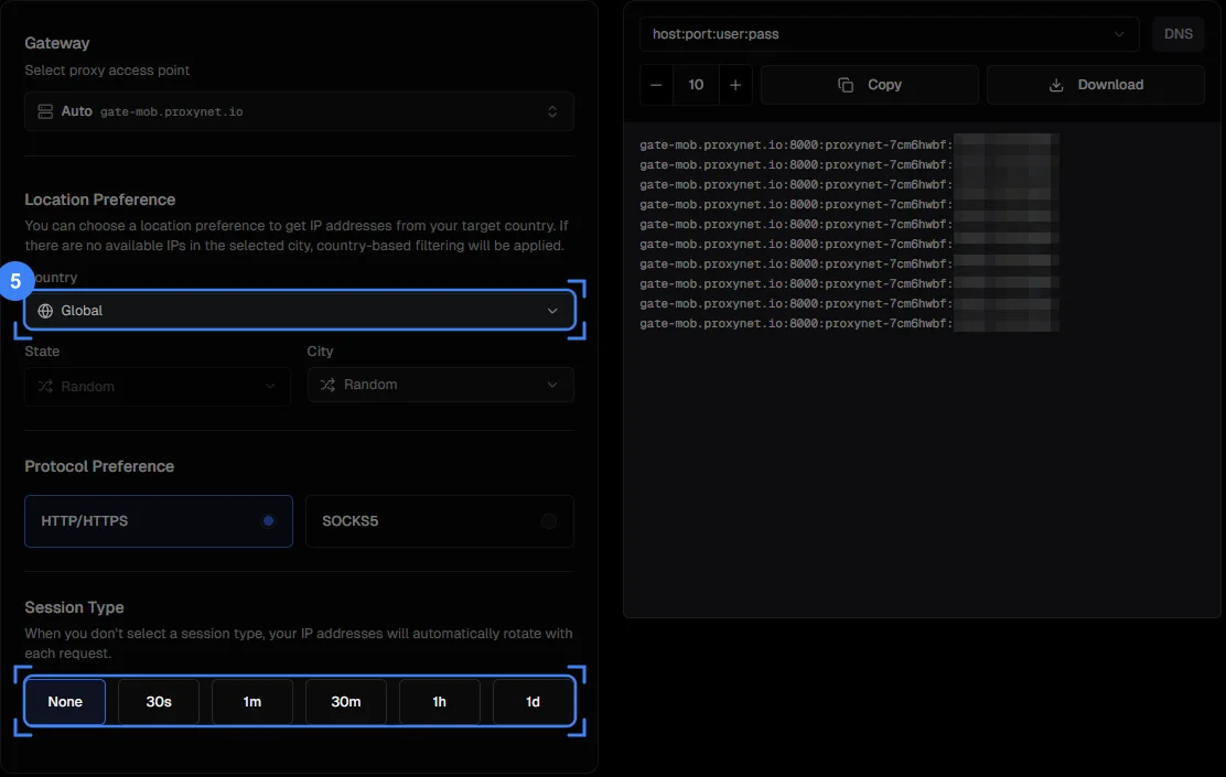 Aba Endpoint Generator, com a seleção de Country e a linha Session Type destacadas, senha oculta nas linhas