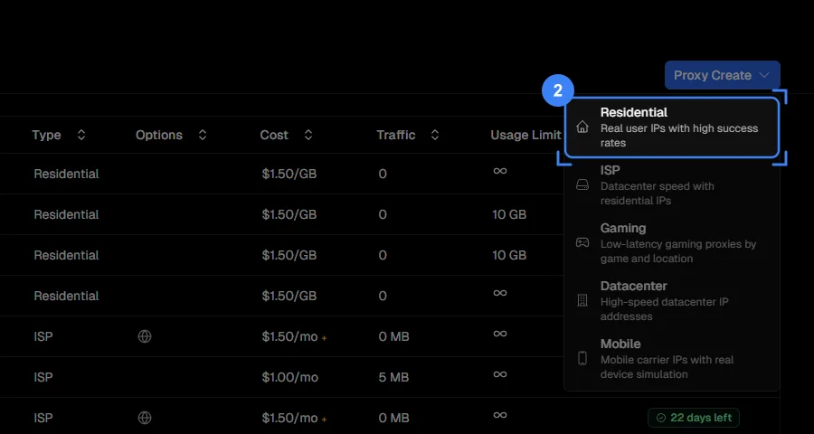 The Proxy Create menu open, with the Residential option highlighted