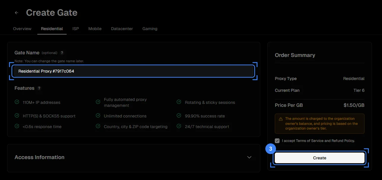 The Create Gate page, with the Gate Name field and the Create button highlighted