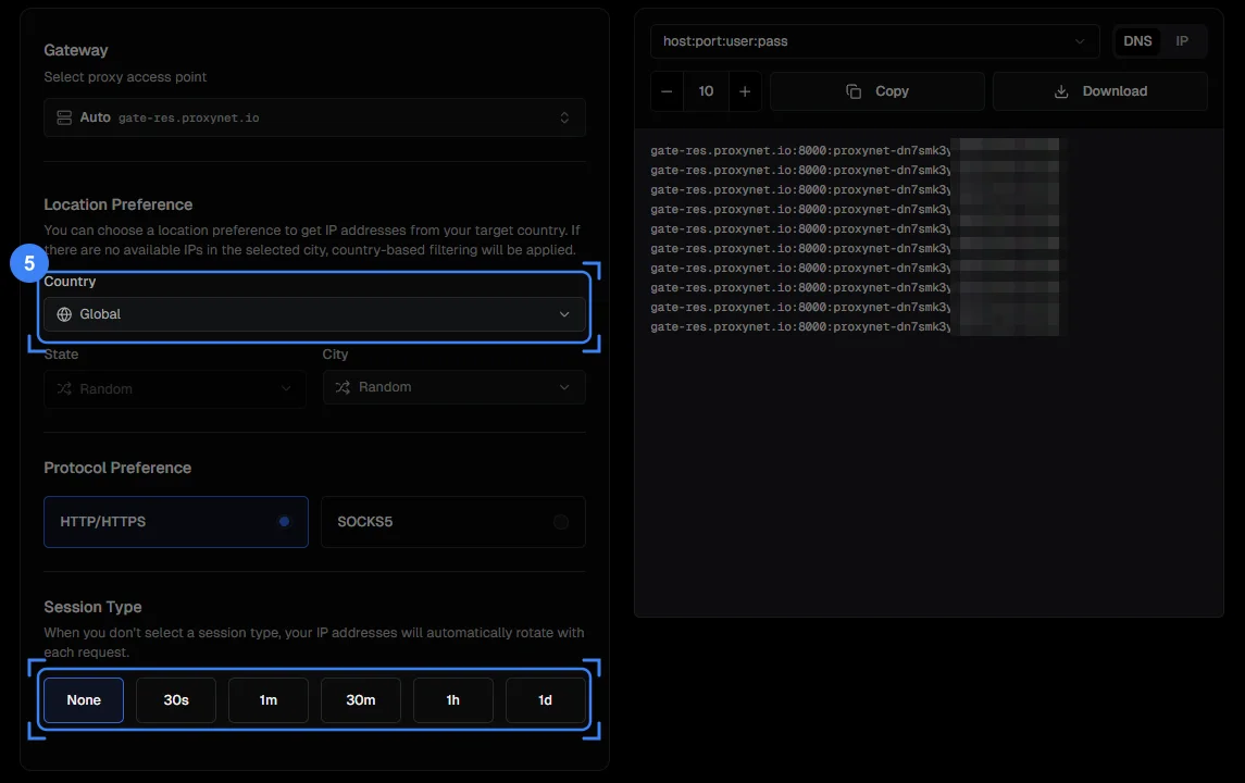 The Endpoint Generator tab, with the Country selector and the Session Type row highlighted