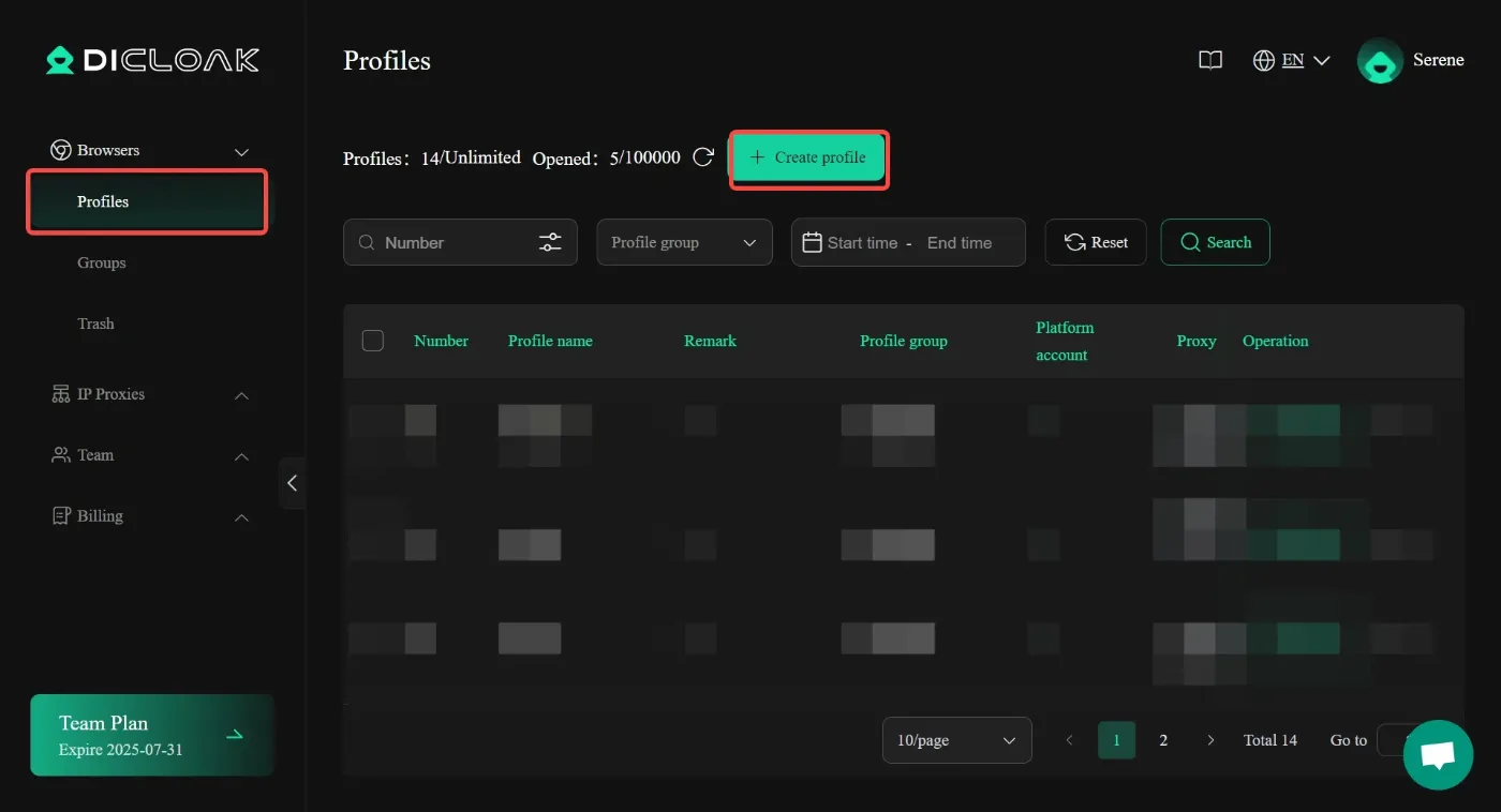 Der Dialog Create Profile in DICloak