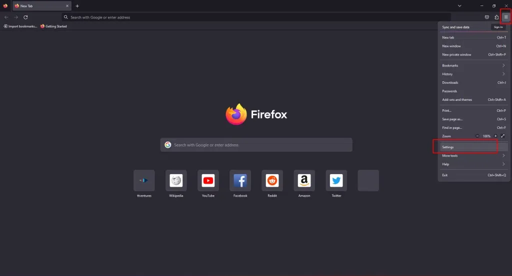 Das Hamburger-Menü mit dem Eintrag Einstellungen in Firefox