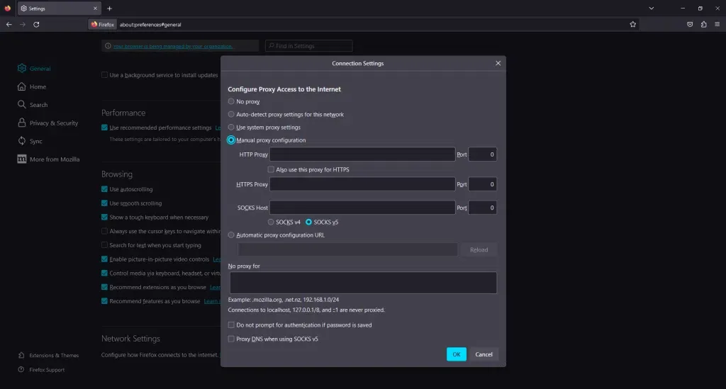 Die Option Manuelle Proxy-Konfiguration im Dialog