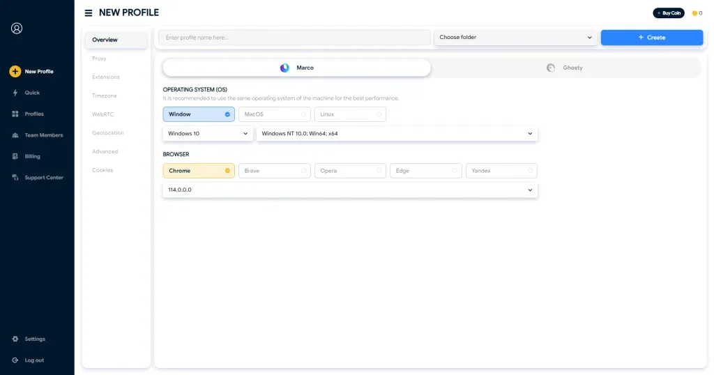 فرم ساخت پروفایل تازه در Hidemyacc