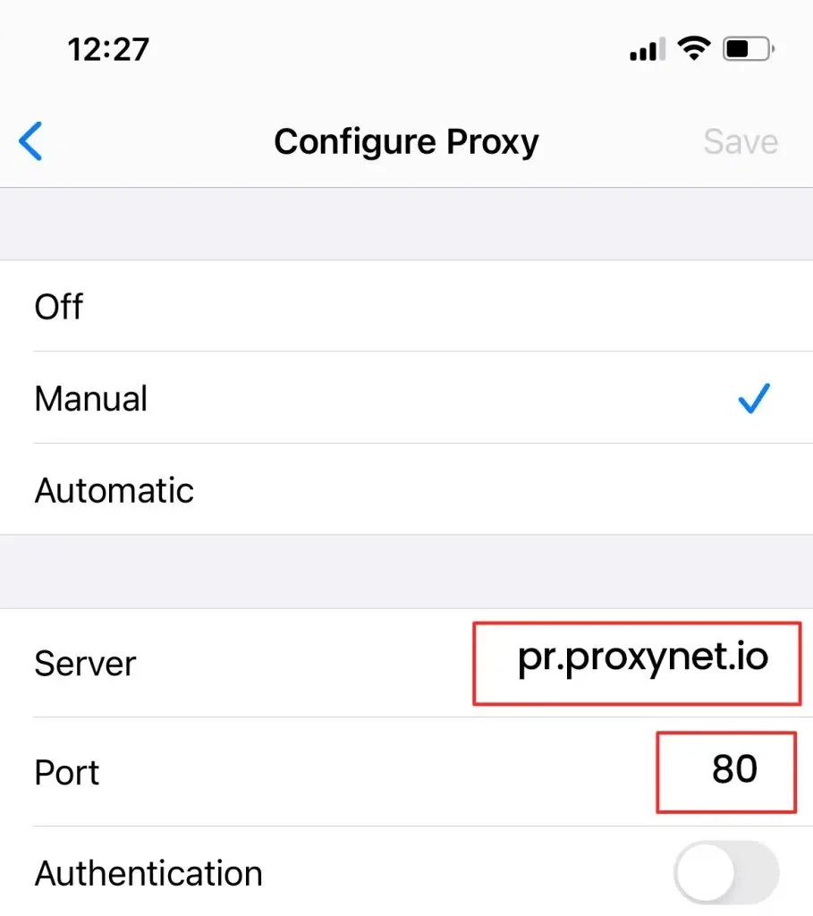 Die Felder Server und Port unter iOS