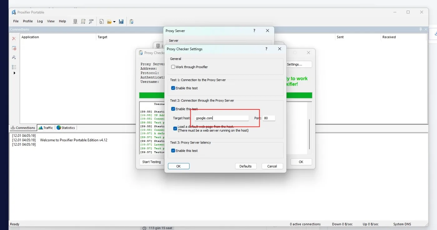 Die Test Settings mit geänderter Ziel-URL