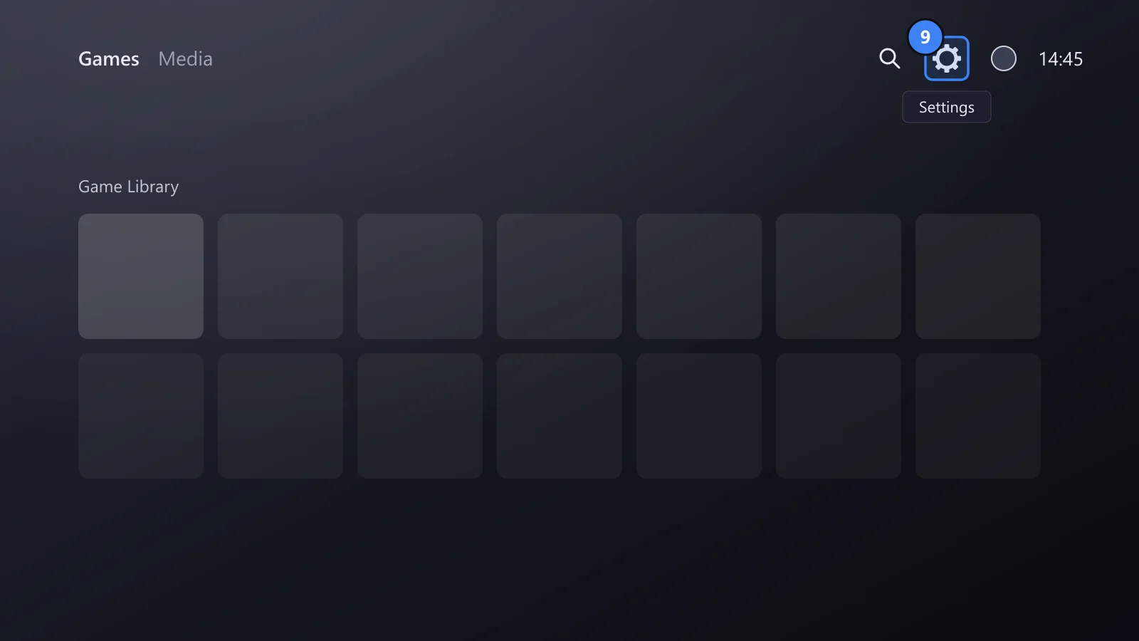 Drawing of the PS5 home screen, with the Settings gear icon in the top right framed