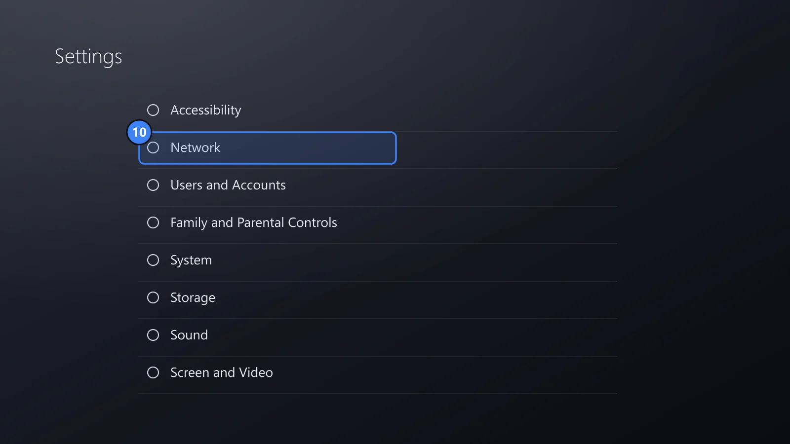 Drawing of the PS5 Settings list, with Network framed